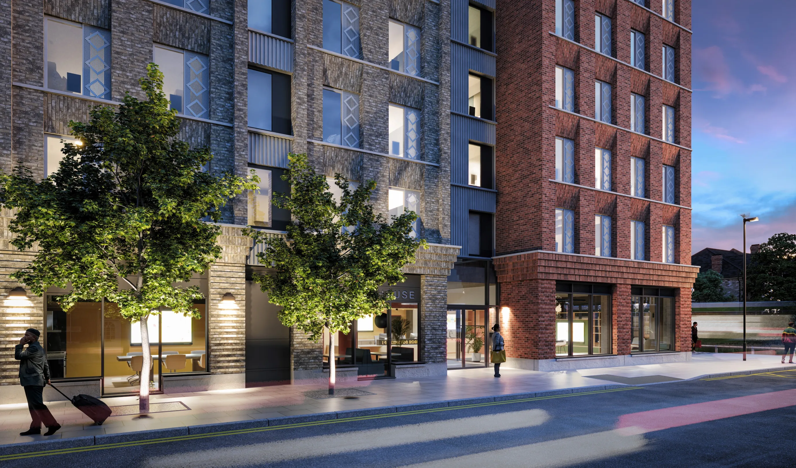 CGI image of a new student accommodation block in Wimbledon, with brick faces in a mixture of red and yellow bricks