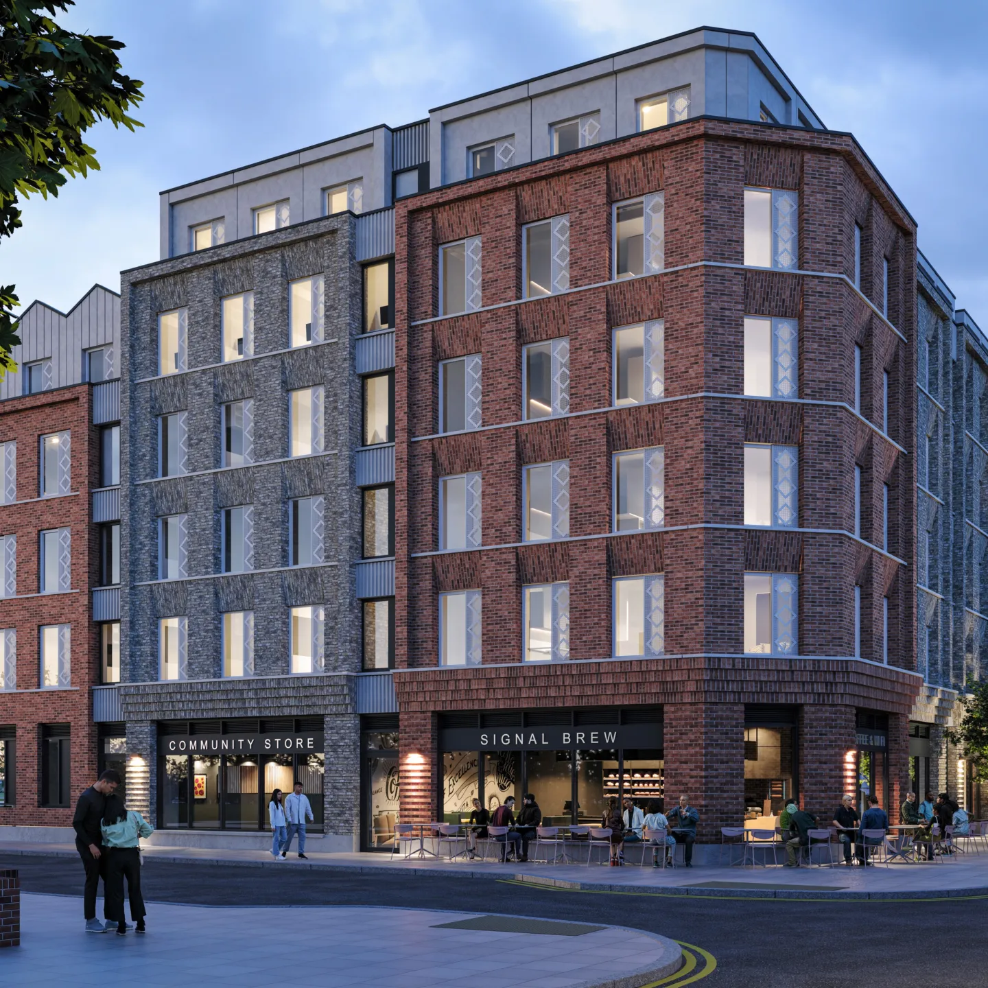 CGI image of a new student accommodation block in Wimbledon, with brick faces in a mixture of red and yellow bricks
