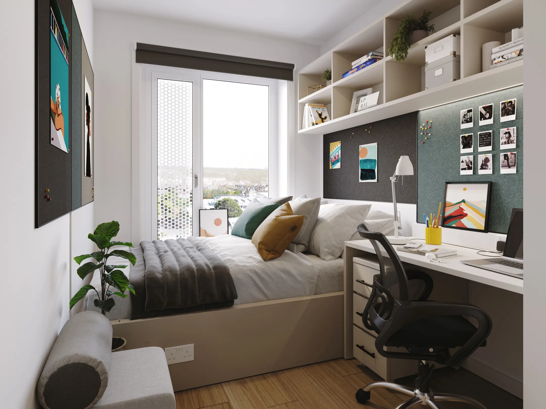 A modern and compact bedroom with a bed, desk, shelves, and a comfortable chair.