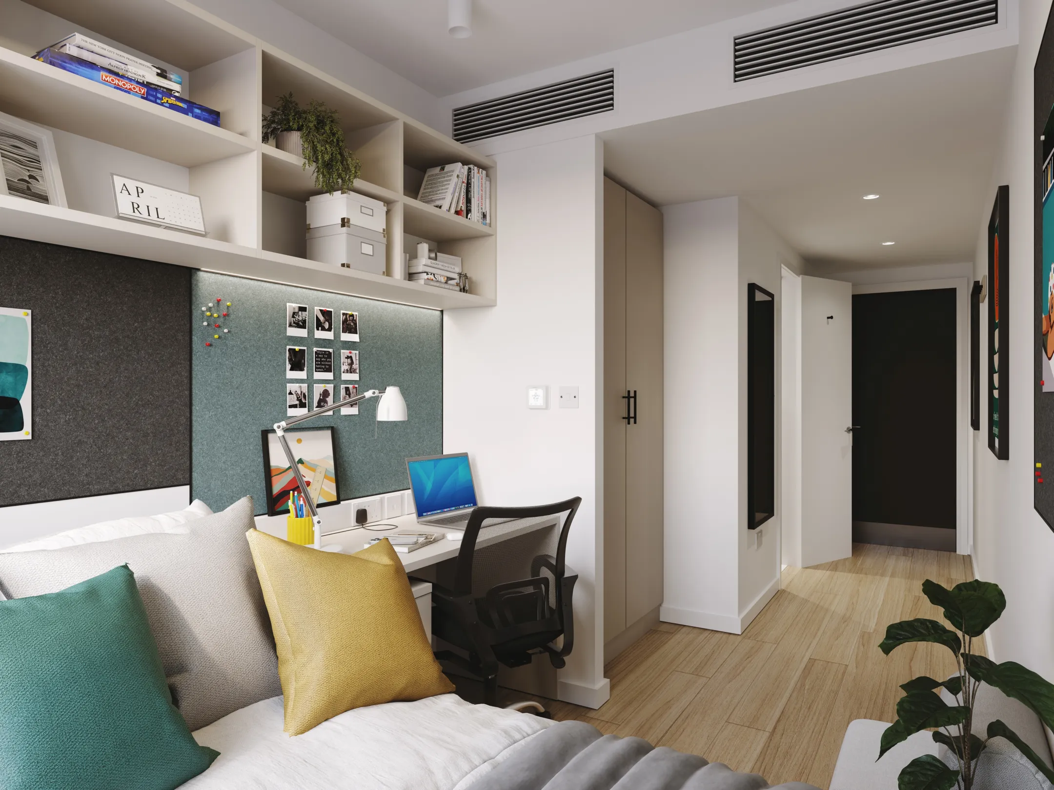 A modern and compact bedroom with a bed, desk, shelves, and a comfortable chair.