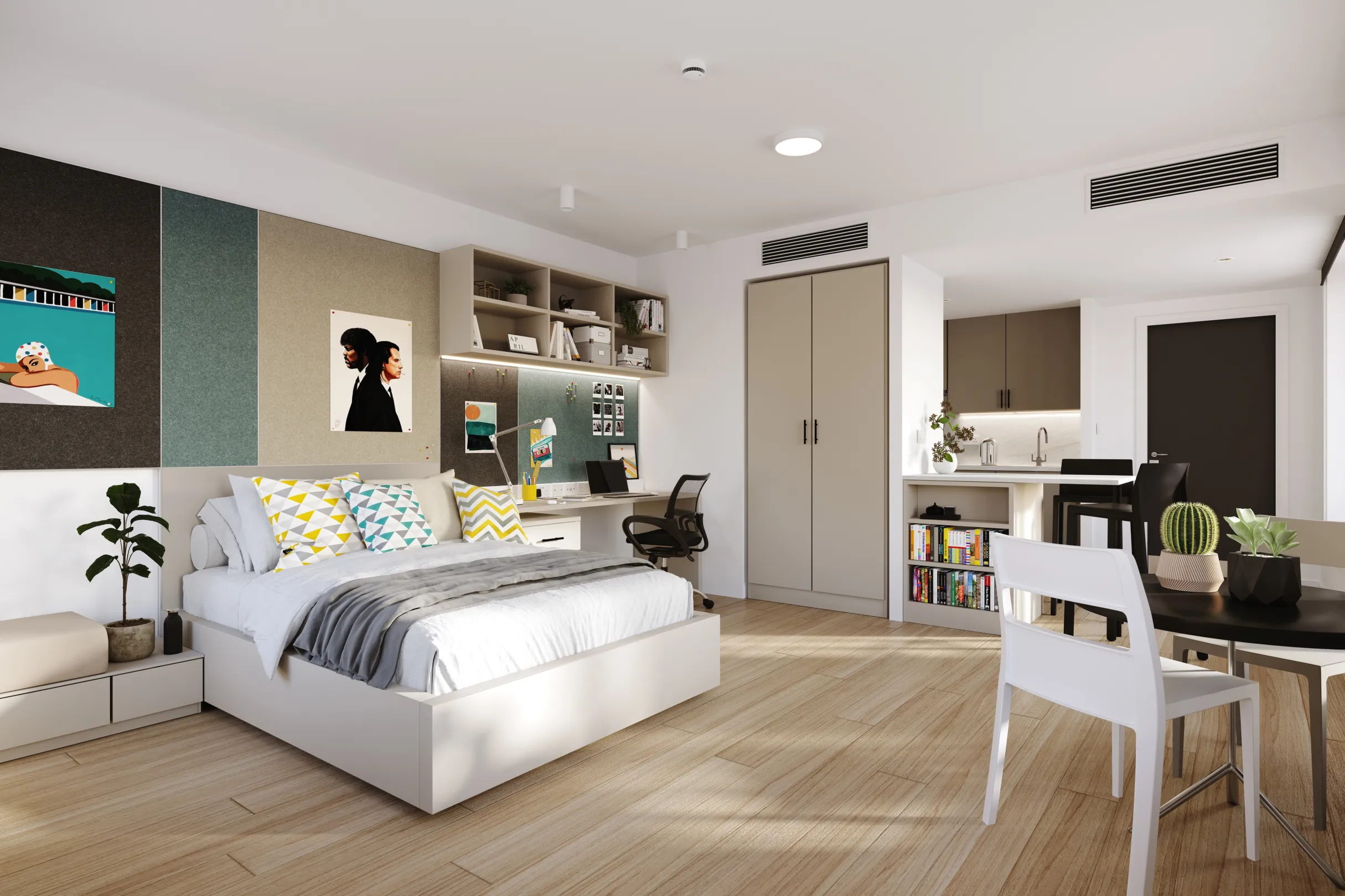 A modern and compact bedroom with a bed, desk, shelves, and a comfortable chair.