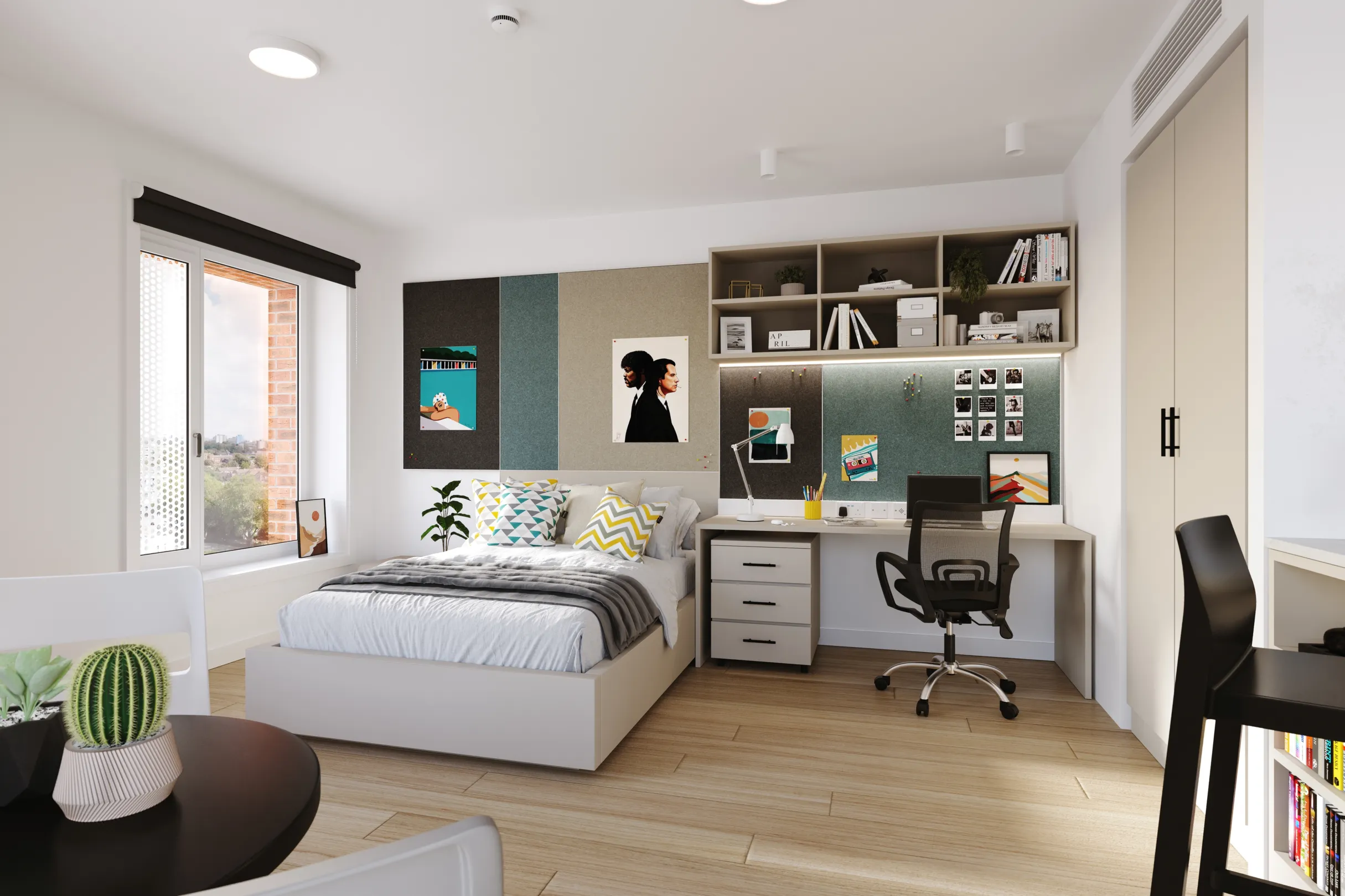A modern and compact bedroom with a bed, desk, shelves, and a comfortable chair.