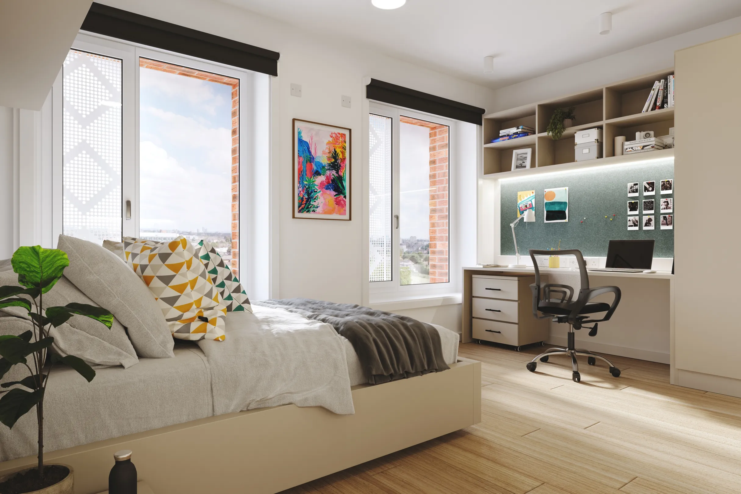A modern and compact bedroom with a bed, desk, shelves, and a comfortable chair.