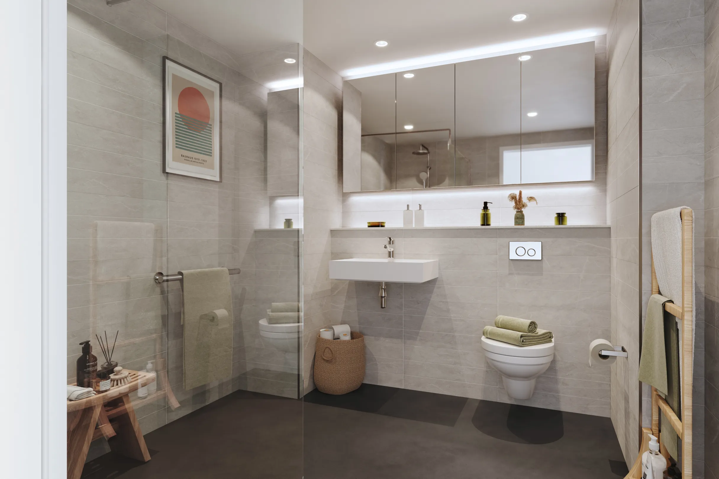 A modern studio bathroom in a new student accommodation block